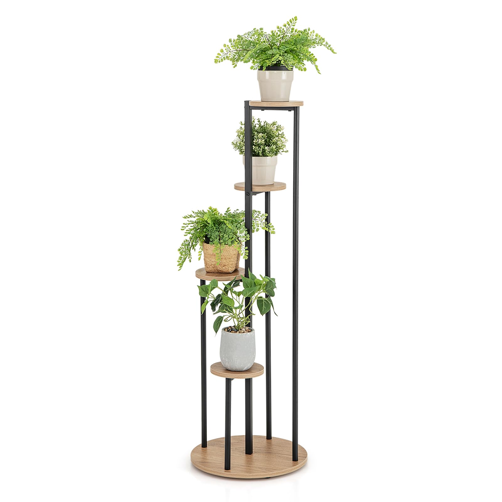 COSTWAY Tall Plant Stand, 5 Tiers Flower Rack with Foot Pads, Metal Display Pot Shelf Holder for Balcony Living Room Yard (Natural + Black)