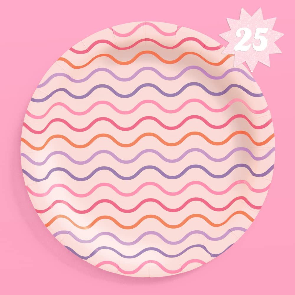 xo, FettiWavy Paper Plates - 25 pcs | Bachelorette Party Decorations, Groovy 70s Decor, Bday Supplies