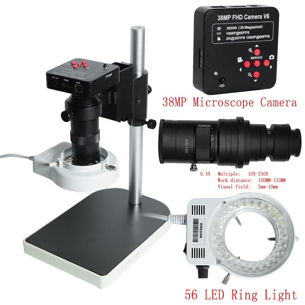 Kit di Accessori per microscopio, Telecamera per microscopio Digitale HDMI USB da 38 MP, Zoom Continuo 130X/200X/250X, Attacco C, per Saldatura, Riparazione di microscopi.