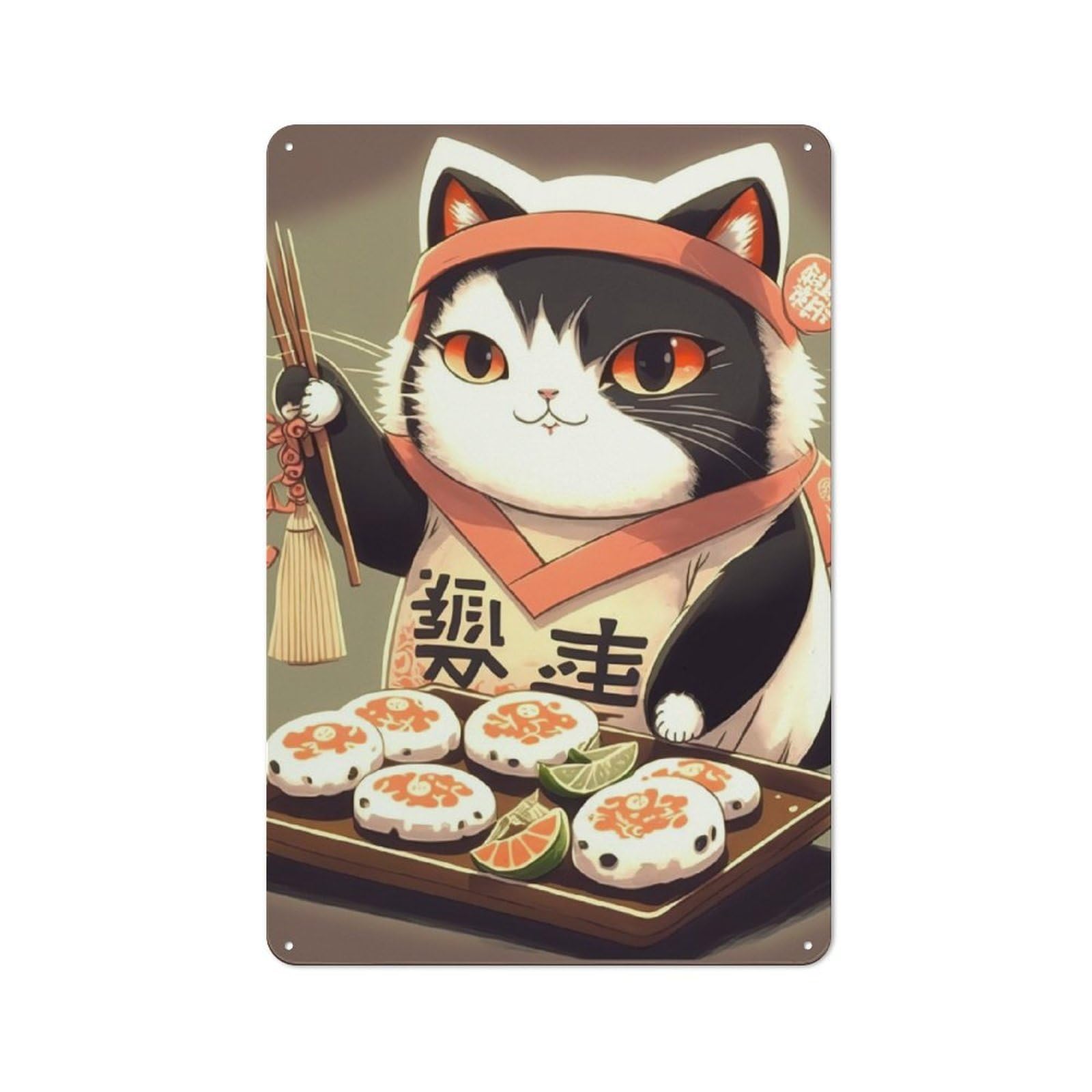 Junmoney Sushi Cat Chef Japan Tin Wall Plaque 30X20cm With For Living Room Or Hallway, For Garage, Workshop And Man Cave Decoration