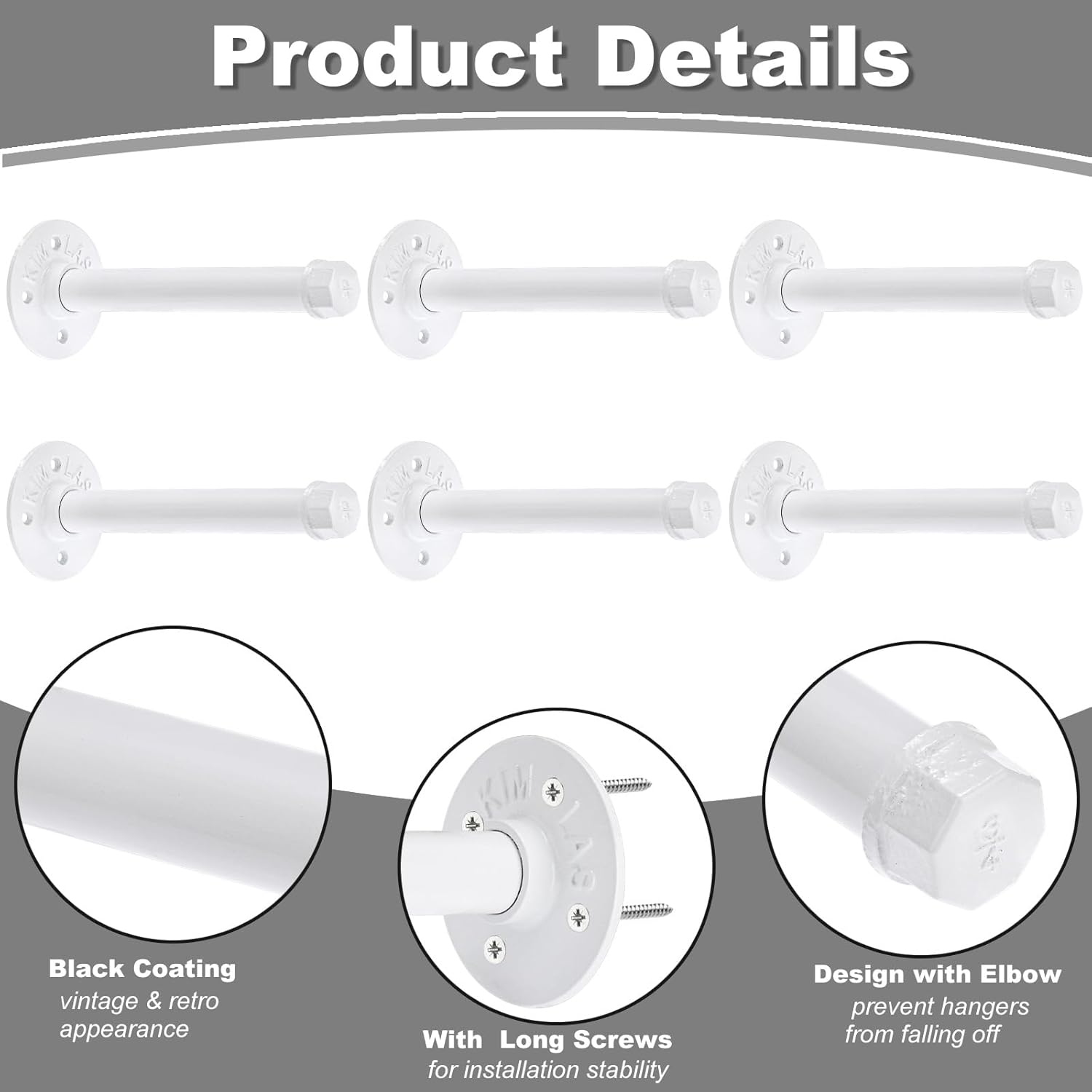 BTSKY 6 Pack Clothes Rack with Screws, 8 Inch Metal Industrial Pipe Clothes Bars for Hanging Clothes, Heavy Duty Wall Mounted Clothing Hanging Rod Shelving Brackets for Laundry Room Retail Store,White