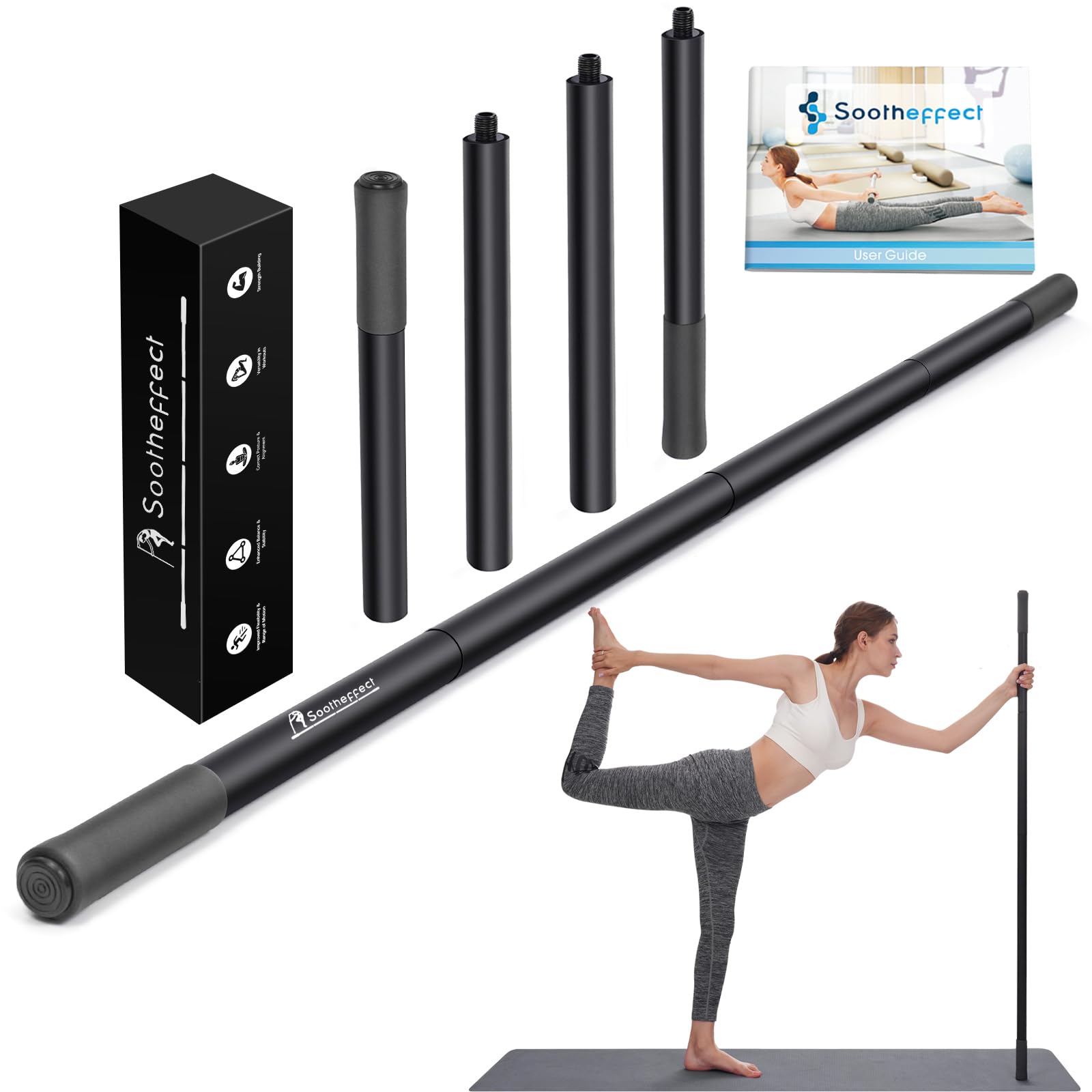 Adjustable Yoga Stick (30/45/60 in), Fully Foam-Sleeved Steel Stretching & Mobility Stick with Exercise Guide, Portable Fitness & Rehab Tool, Carry Bag Included