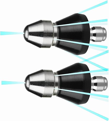 Sewer Cleaning Tool High-Pressure Nozzle, 2 Pack Sewer Jetter Kit for Pressure Washer, Stainless Steel, 1 Front Jet and 6 Rear Jets Sewer Jetter Nozzle with 1/4" Quick Connector, 5000Psi (A)