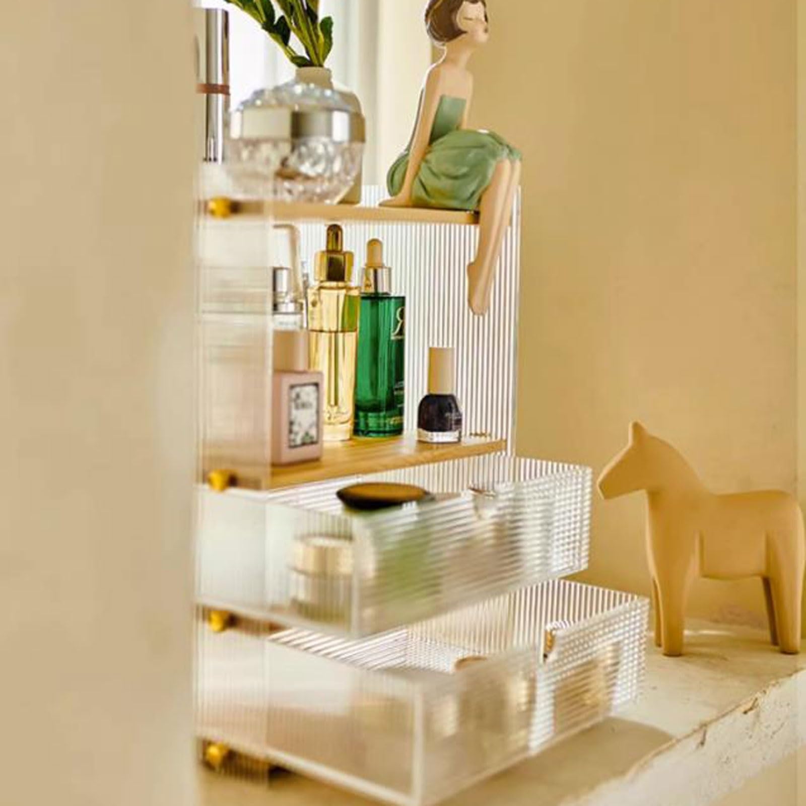 Boîte de rangement pour le maquillage Organizador de maquillaje acrílico para tocador, organizador de escritorio multifunción con 2 cajones y gabinete de almacenamiento, organizador de baño