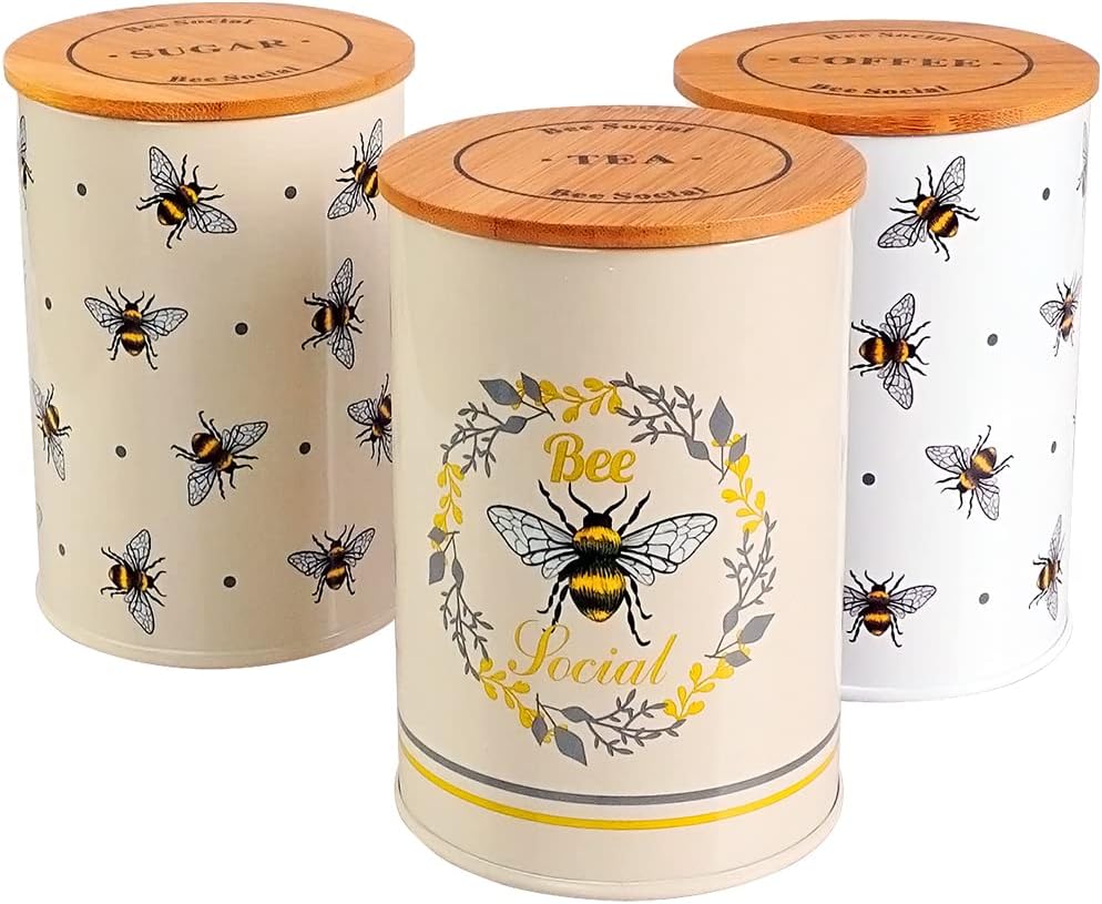Yellow Grey & White Beverage Canisters Bee Inspired