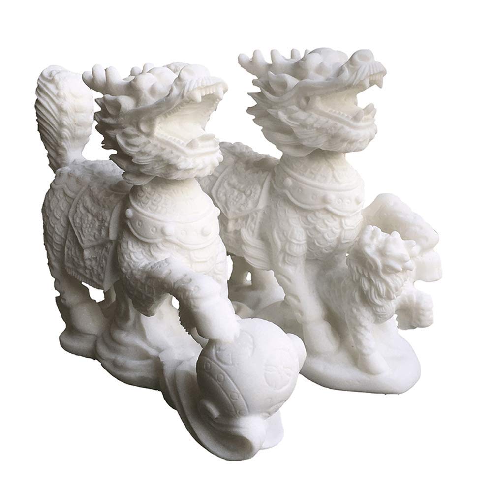 SBTXHJWCGLD A Pair of Chinese Feng Shui Qilin/Chi Lin Kylin Statues,White Marble Stone Decor Prosperity Figurine Home and Office,Attract Wealth and Good Luck,Best Gift