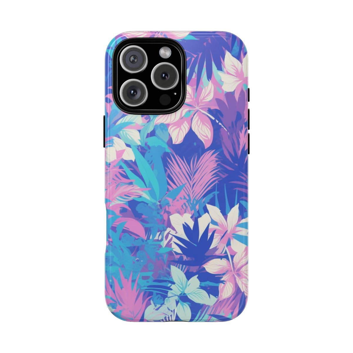 Coque iPhone 16 Pro Max rigide motif floral tropical violet et cyan