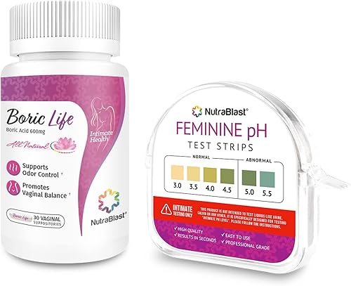 NutraBlast Supositorios vaginales de ácido bórico 600 mg 30 unidades con tiras de prueba de pH femenino 30-55 rollo de 100 pruebas Monitorea la
