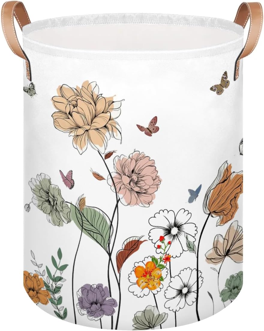 Bright Floral Laundry Basket, Simple Wildflower Laundry Hamper with Handle, Dirty Clothes Hamper for Bedroom Living Room, Baby Hamper for Nursery, Home Decoration
