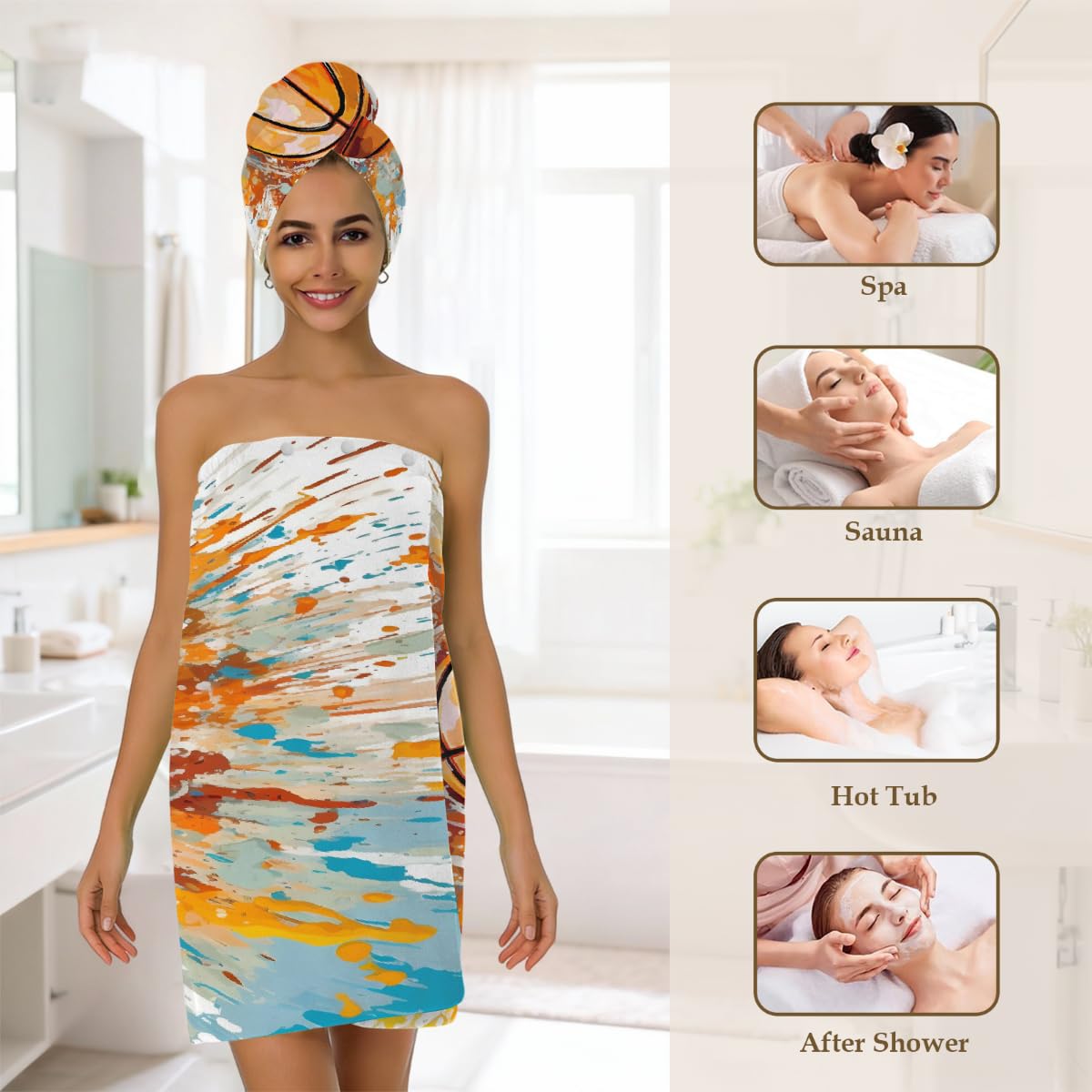 Mikrofaser-Duschtuch für Damen, mit Haar-Handtuch, Aquarell-Spritzer, Basketball, weiche Körperwickel, Kleid mit Haartrocknungskappe für Strand, Pool, Spa, 2 Sets