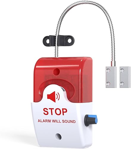 Alarma de puerta con tapón de salida con sirena de 110 dB, dispositivo de seguridad de salida de emergencia, fácil instalación, funciona con pilas,