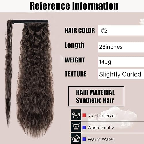 Miniatura 4 de Extensión de cola de caballo con ondas de maíz, alrededor de 26 pulgadas de largo, rizada, ondulada, extensión de cola de caballo sintética negra y