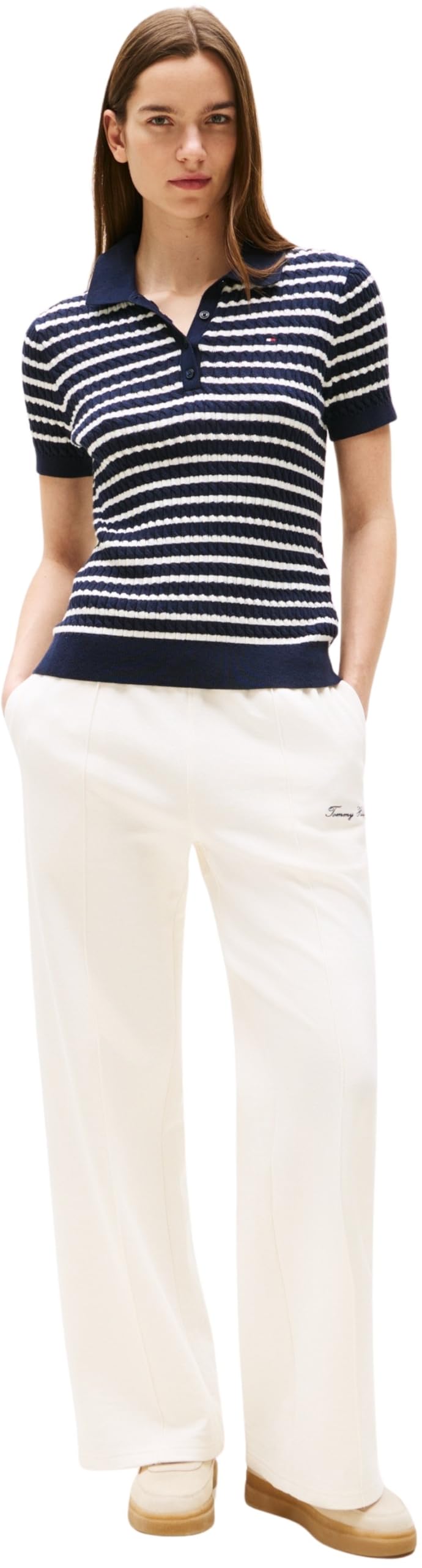 Tommy Hilfiger Donna Maglietta Polo Maniche Corte Cable Sweater con Chiusura a Bottoni
