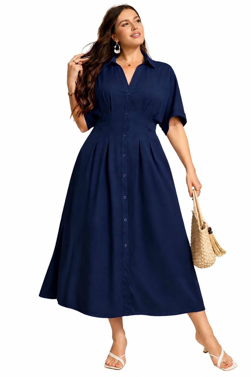 Dennis Lingo A-Line Shirt Dress, Plus Size, Polyester Blend, Mid-Calf Length, Roll-Up Sleeve, Casual 140 in neutral