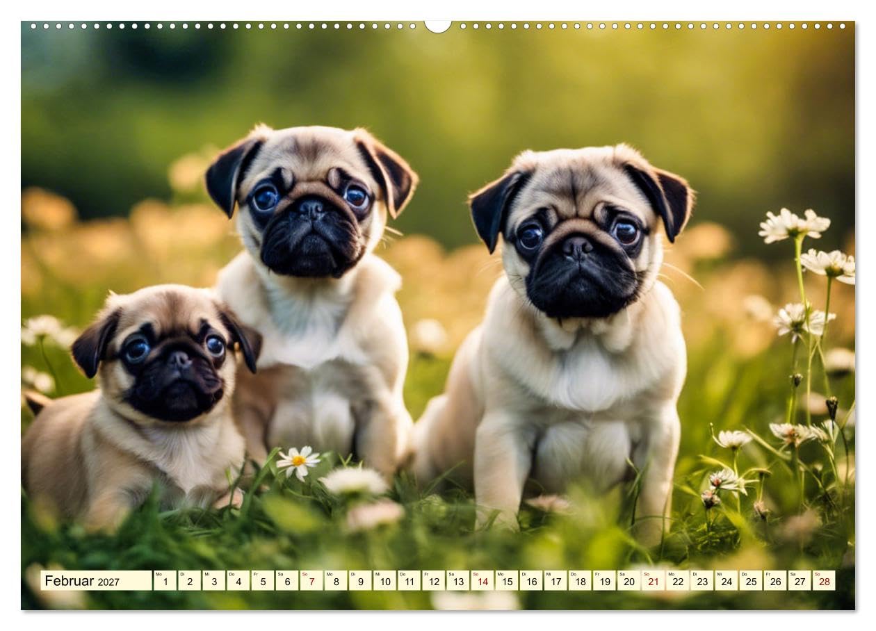 CALVENDO - Möpse - quirlige Charmebolzen (hochwertiger Premium Wandkalender 2027 DIN A2 quer), Kunstdruck in Hochglanz: Die i en Familien - und Seniorenhunde