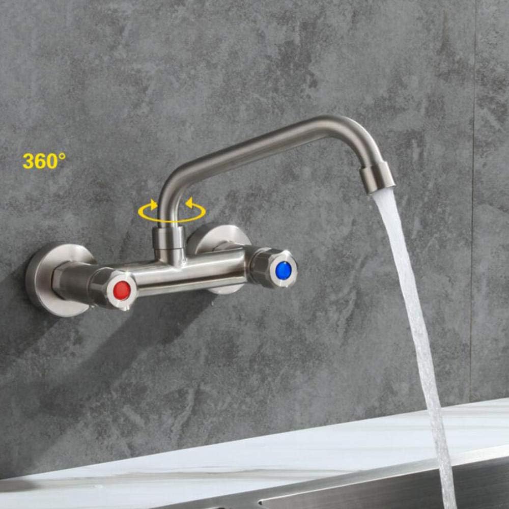 304 Stainless Steel Wall Mounted Two Handle Kitchen Faucet with Hot Water Faucet for Wall Mounting Ideal for Sink Balcony Laundry Room and Pool Big Bend