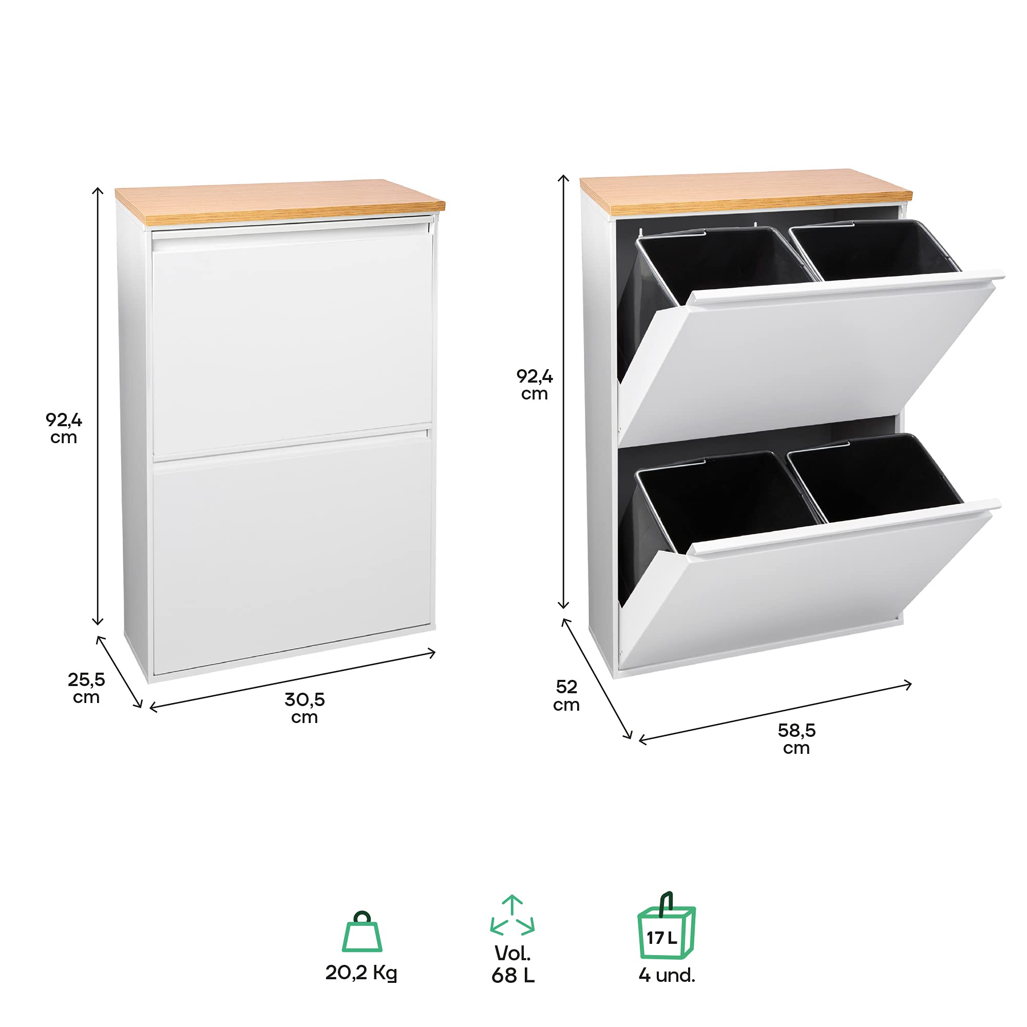ARREGUI Basic-E CR601-B37 Cubo de basura y reciclaje de acero de 4 cubos con encimera de madera, mueble de reciclaje, 4 x 17 L (68 L), blanco con encimera roble trigo