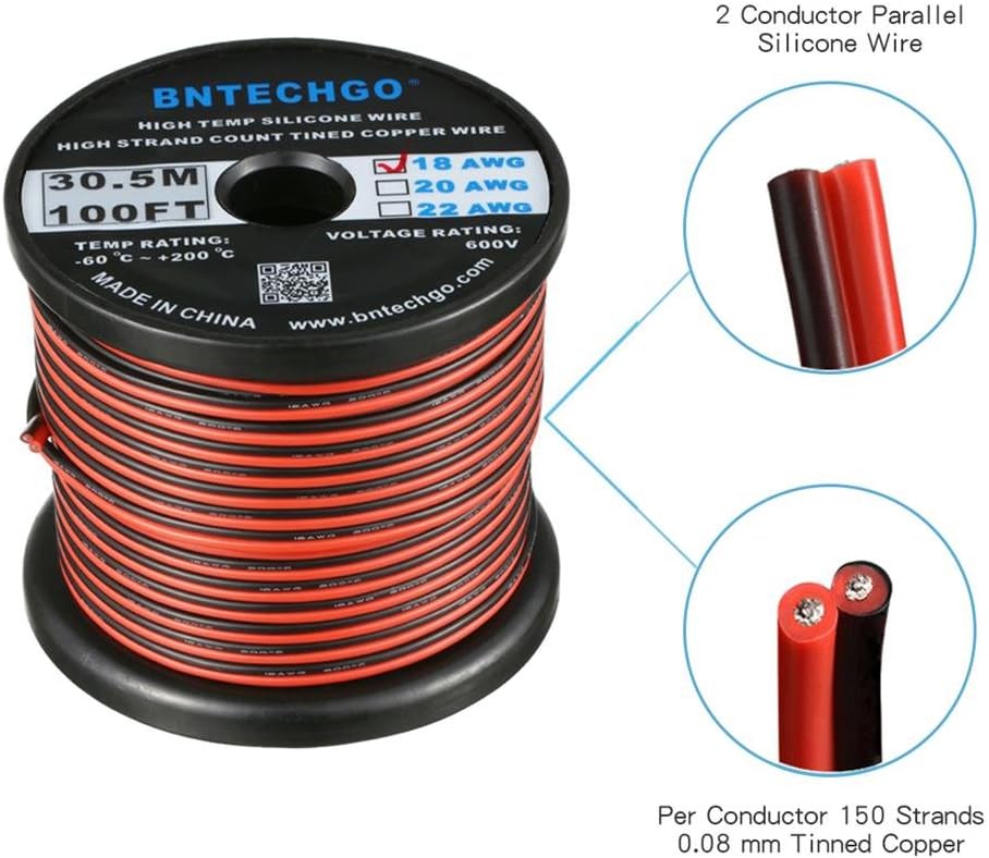 Exclusive Discount 70% Price BNTECHGO 18 Gauge Flexible 2 Conductor Parallel Silicone Wire Spool Red Black High Resistant 200 deg C 600V for Single Color LED Strip Extension Cable Cord,model,100ft Stranded Copper Wire