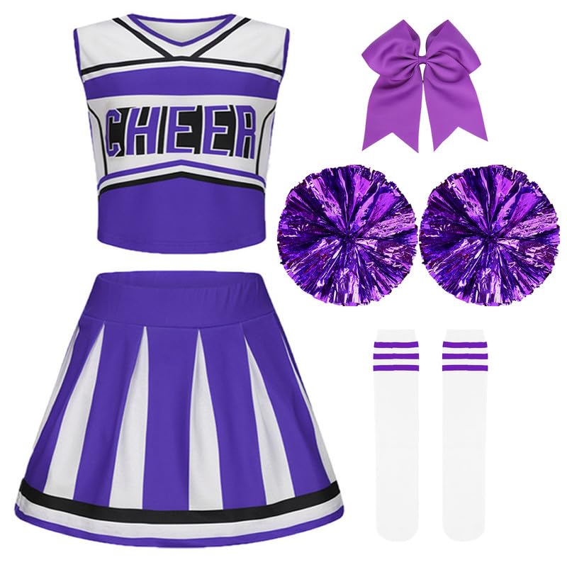 Amtum Cheerleader Outfit Kids Cheerleader Fancy Dress Uniform High SchoolWith Pom Poms Musical Uniform Outfit,Purple-140cm