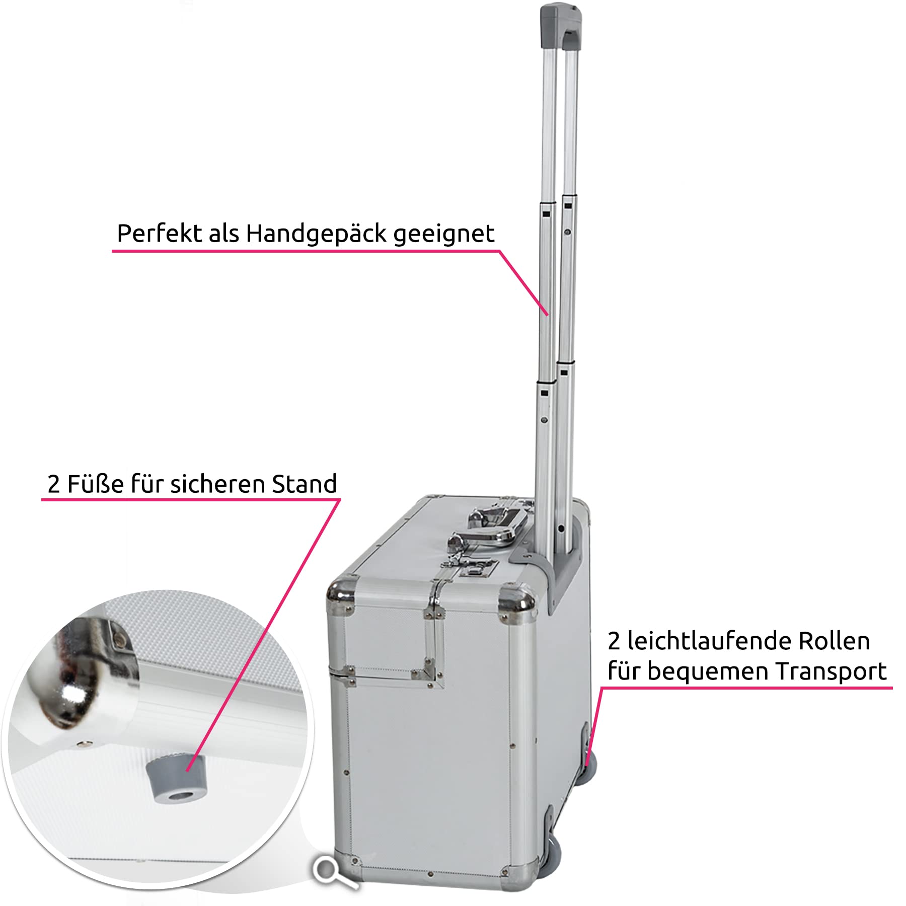 tectake 401232 XL Pilotenkoffer, Zwei Zahlenkombinationsschlösser, mit Rollen, Totalmaße 55x49x22cm, Silber