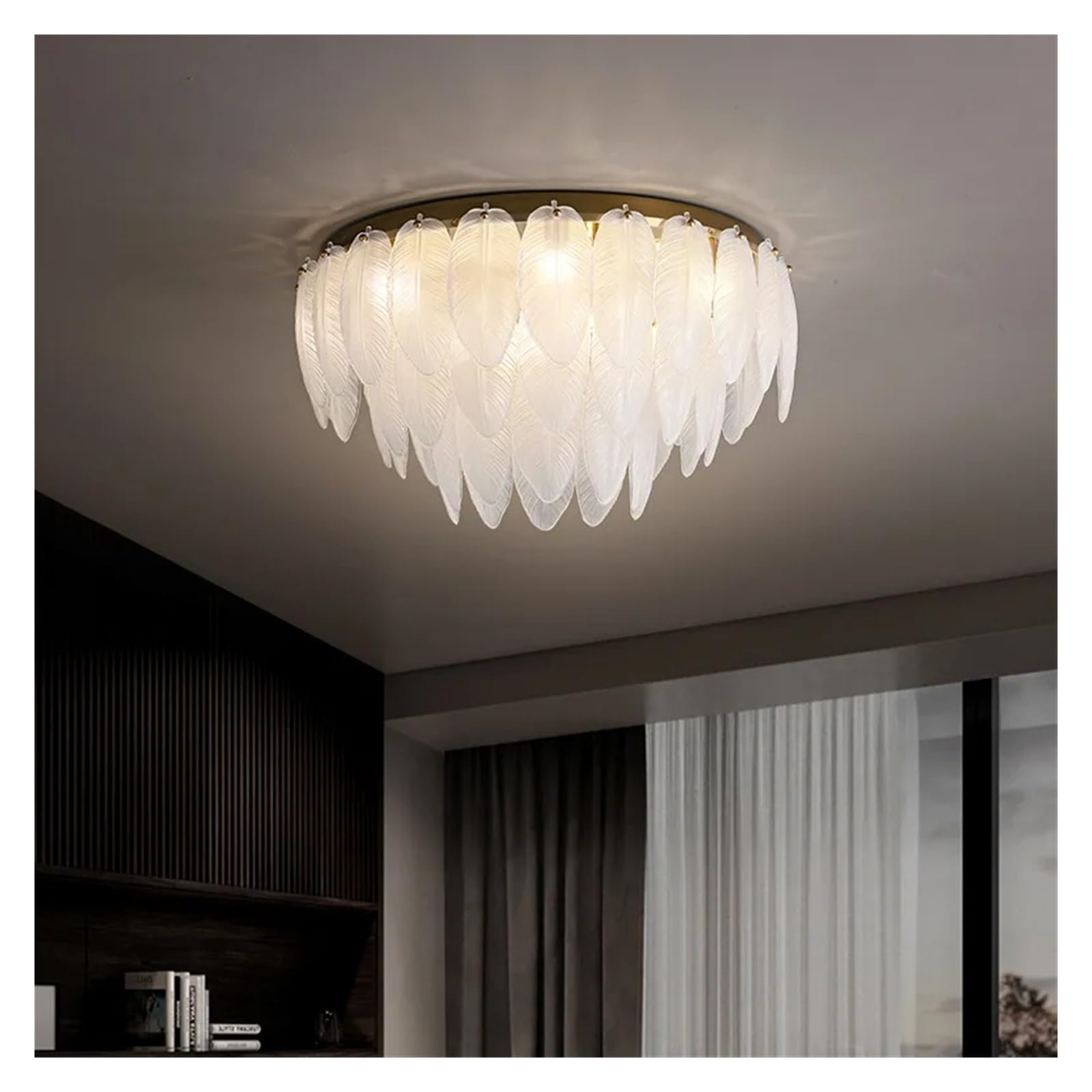 Lustre plumes blanches anti-éblouissement - Suspension laiton LED salon lumineux 40cm