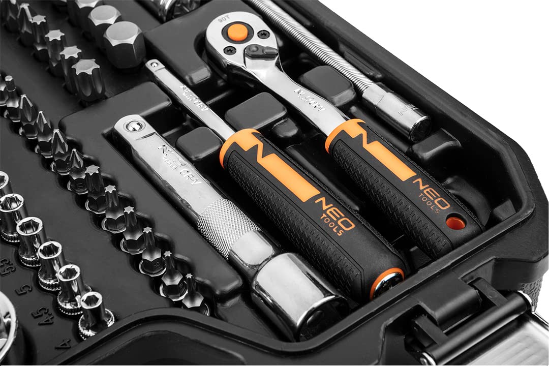 NEO TOOLS Klucze nasadowe 1/2", 1/4" i akcesoria, 82-częściowy zestaw; do wkręcania i odkręcania; bity krzyżowe, sześciokątne; walizka do przechowywania; TÜV; stal CrV