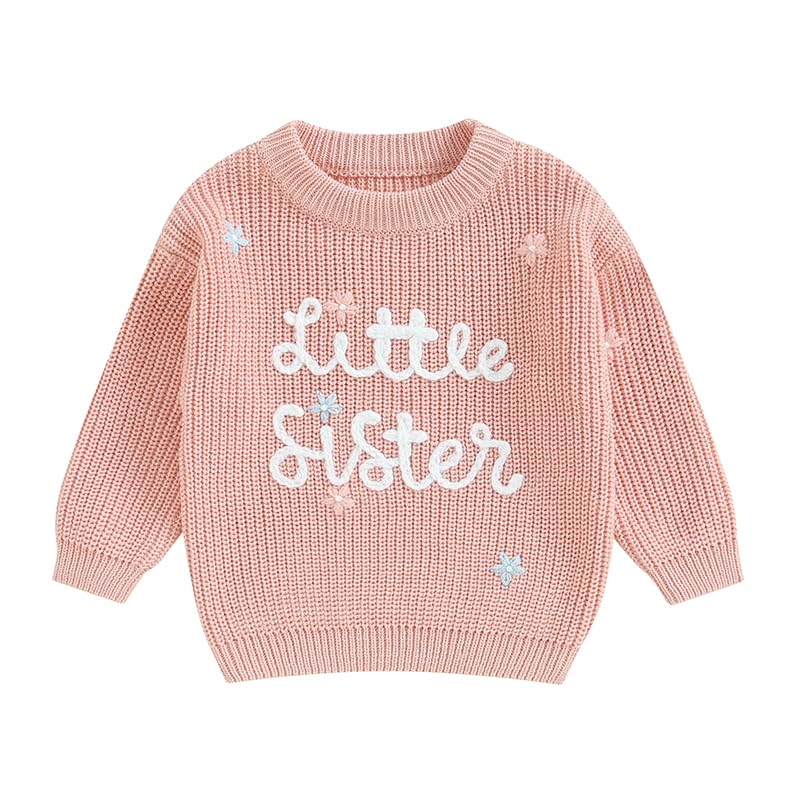 Image of Newborn Baby Girl Knit Sweater Winter Outfit Long Sleeve Crew Neck Sweatshirt Pullover Top Cute Infant Fall Clothes (Little Sister Pink, 9-12 Months)