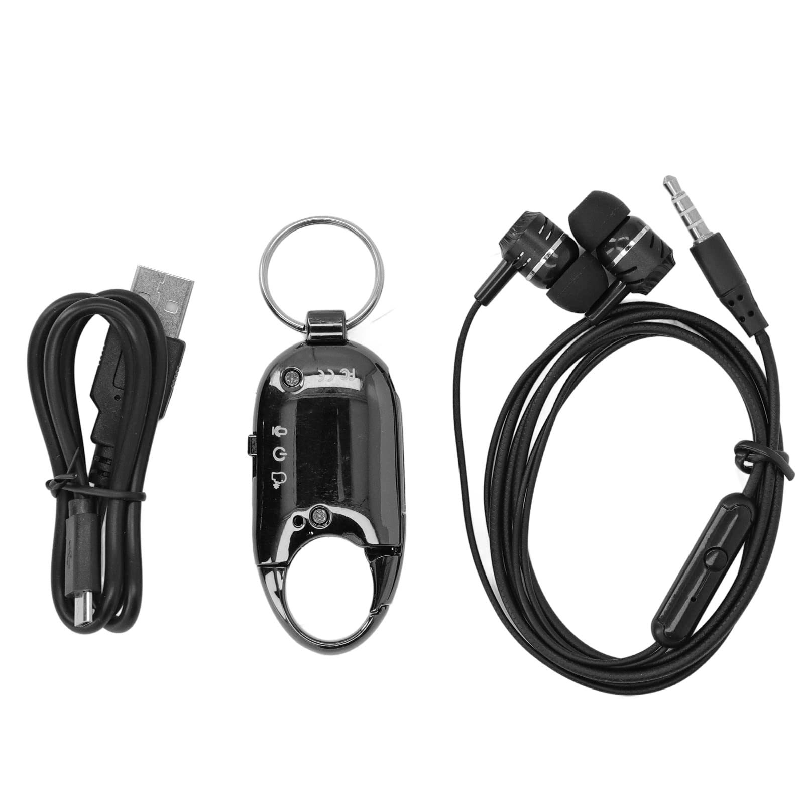 Portachiavi registratore audio in lega di alluminio con memoria interna da 16 GB, tempo di registrazione continua di 15 ore e modalità di attivazione vocale, formato WAV, (Nera)