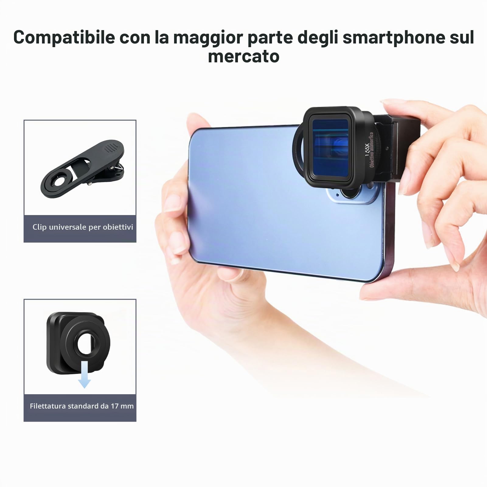 Andoer Obiettivo cinematografico anamorfotico per smartphone, deformazione 1,55x, clip universali, borsa trasporto