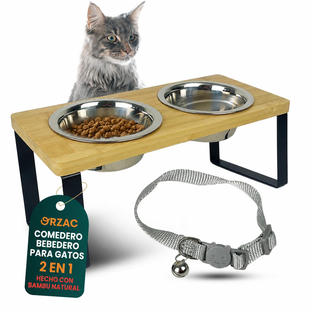 Comedero Elevado para Gatos con 2 Cuencos INOX 400 ml – Bambú Natural Antivuelco – Plato Gato Ergonómico Que Mejora Postura y Digestión + Collar de Regalo