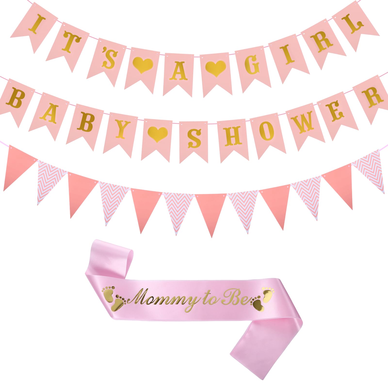 Baby Shower Decorations Girl, Pink Party Supplies Set with Mommy to Be Sash, Baby Shower Banner and Pink Bunting, Photo Booth Props, Welcome Girl Hanging Decor, Mum to Be Celebration Kit for Mom