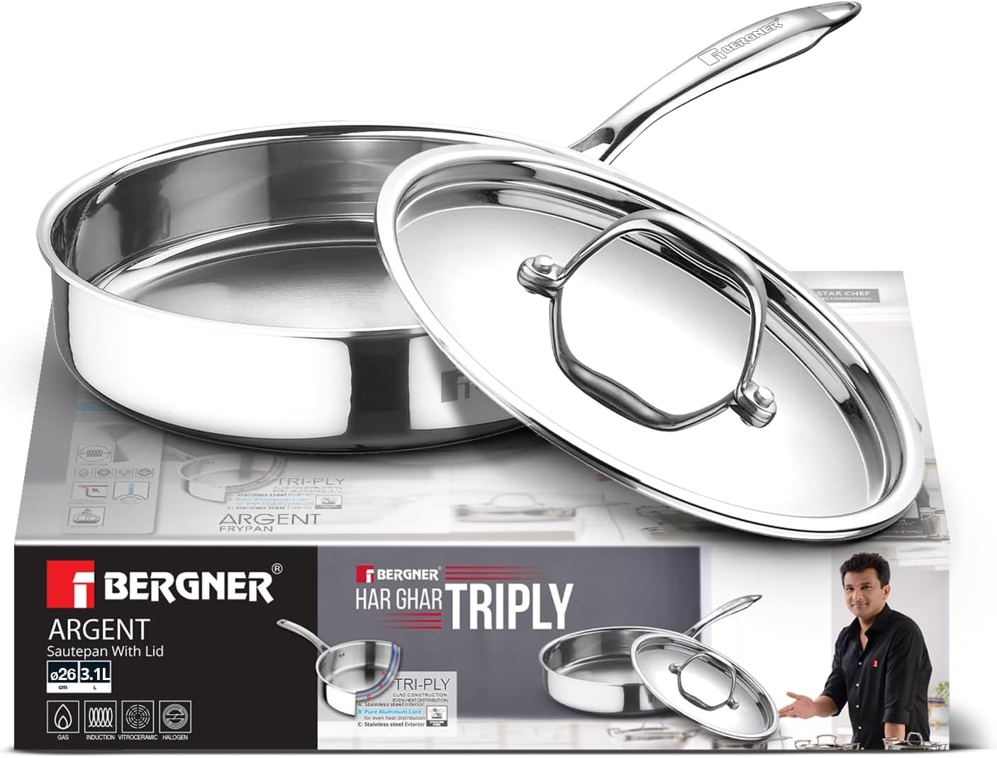 BERGNER Argent TriPly Stainless Steel 26 cm (3.1 L) Sautepan with Stainless Steel Lid, Stay Cool Cast Handle, Healthy Cooking, Less Oil Use, Food Safe, Durable - Induction and Gas Stove Ready