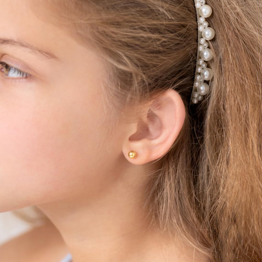 14k Yellow Gold Classic 3,4,5,6mm Ball Screw Back Earrings for Babies, Toddlers & Young Girls - Cute Small Ball Earrings For Little Girls With Safety Screw Backs