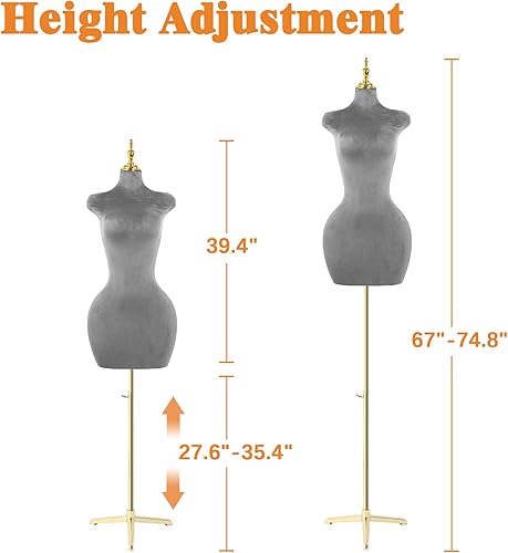 Miniatura 6 de Soporte de trípode de maniquí femenino de terciopelo gris,Maniqui ajustable en altura para cuerda,Maniquí de forma de vestido y exhibición de