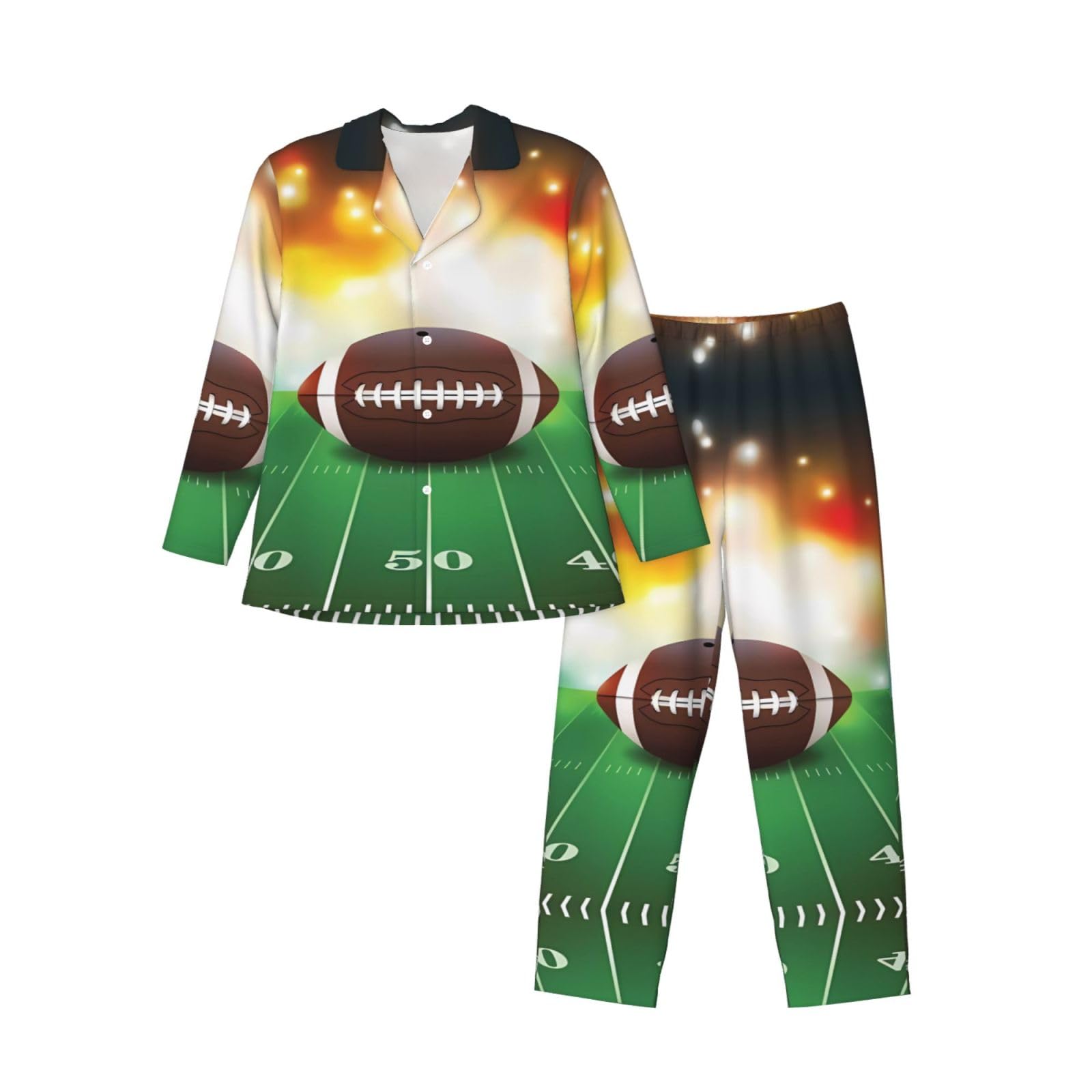 Conjunto de pijama deportivo con estampado de pelota de fútbol americano sobre hierba, de manga larga, con cuello y cintura elástica y bolsillos