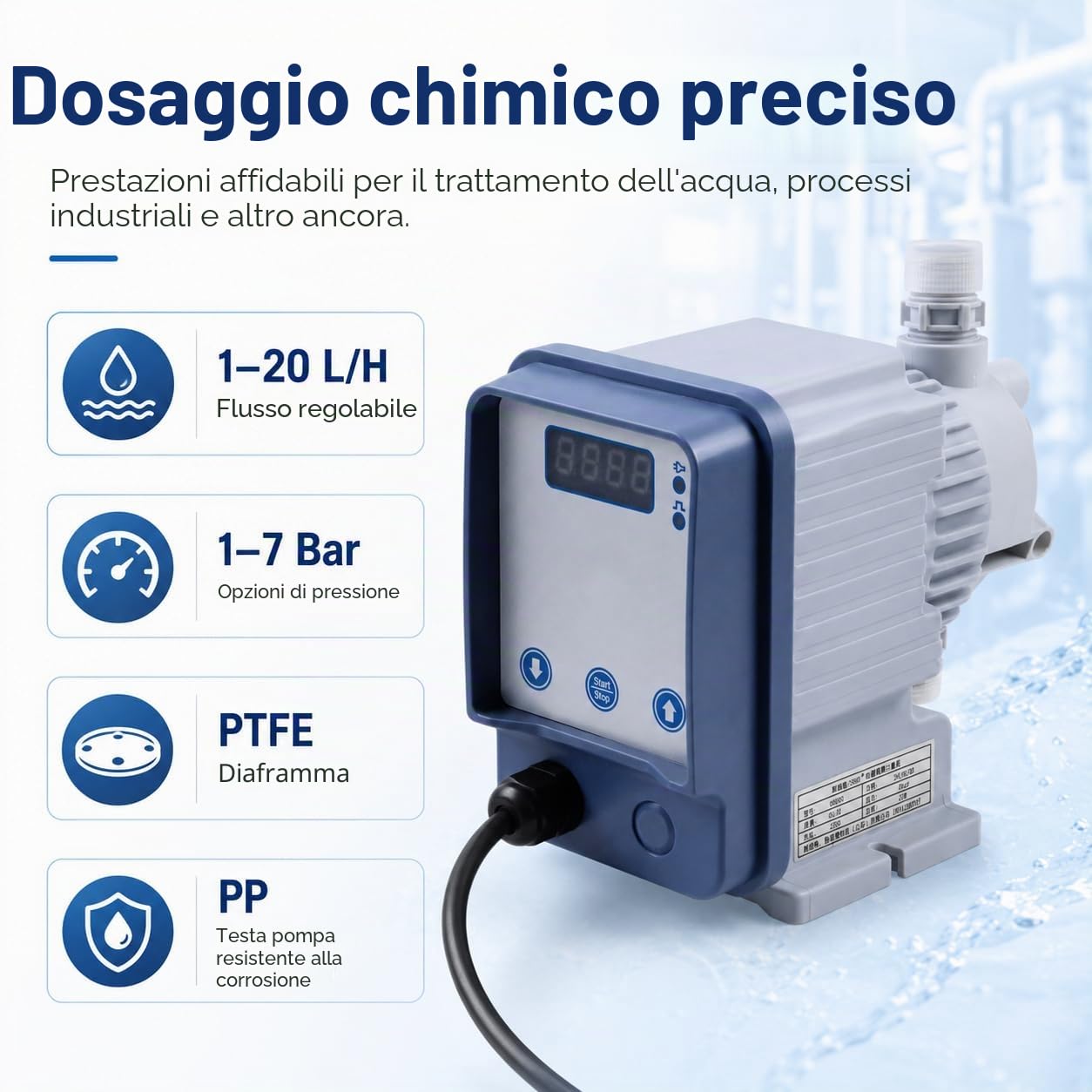Pompa dosatrice a membrana elettromagnetica da 220 V AC, 1-20L/H, resistente ad acidi e alcali, 1-7 bar per il trattamento dell'acqua, cloro, disinfettante, inibitore di incrostazioni (6L/H 5 bar)