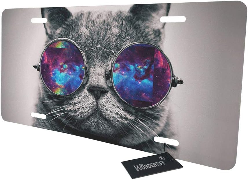 WONDERTIFY License Plate Funny Cat Wear Sunglass with Space Pattern Decorative Car Front License Plate,Vanity Tag,Metal Car Plate,Aluminum Novelty License Plate for Men/Women/Boy/Girl Car,6 X 12 Inch