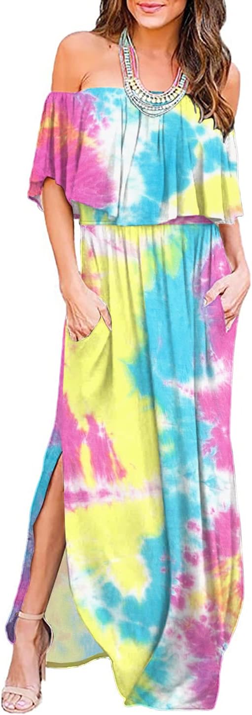 LILBETTER Womens Off The Shoulder Ruffle Party Dresses Side Split Beach Maxi Dress