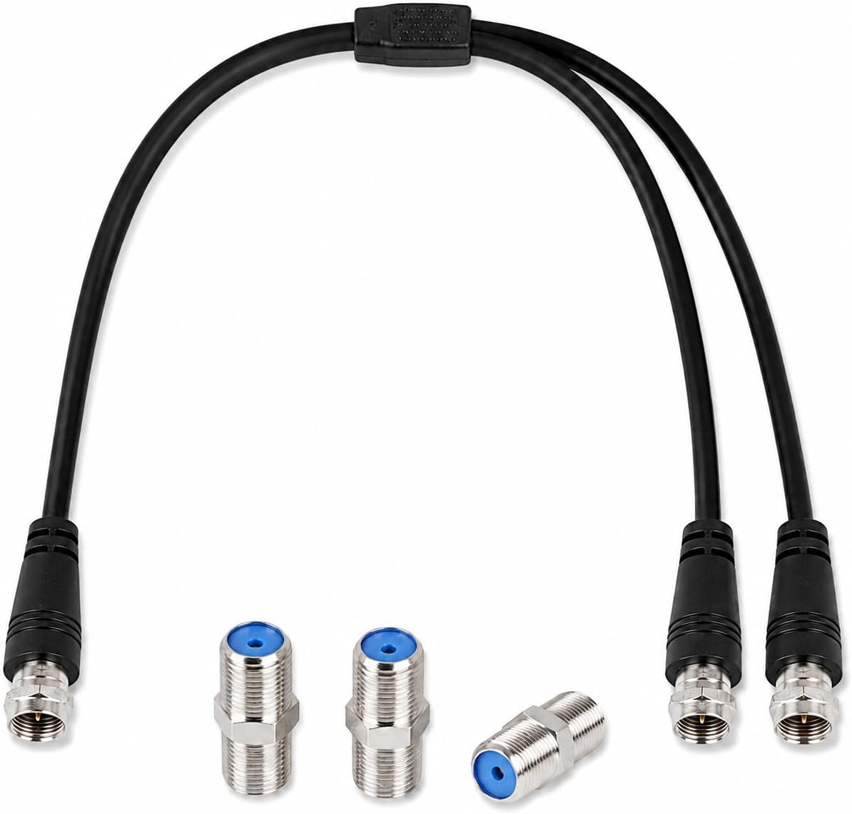 F-Type RG6 3-Way Splitter Cable โ 75Ohm F Male to Dual F Male Y-Type 12" (30cm) with 3 F-Type Female Adapters โ Flexible Coax Cable for TV, Satellite, Modem & Internet