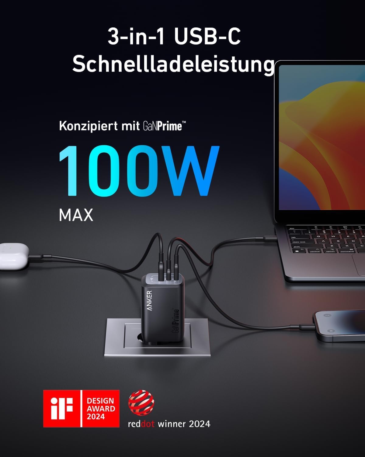 Anker Prime 100W USB C Ladegerät GaN Netzteil, 3-Port PPS Schnellladegerät, Kleines klappbares Design, Kompatibel mit MacBook Pro/Air, iPad Pro, iPhone 17/16/15 Serie, Galaxy S25/S24, und mehr