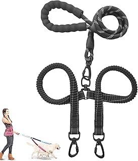 ダブル犬用リード - 衝撃吸収・反射素材ペットリード - 2頭用絡まない - 夜間散歩、トレーニング、アウトドア、旅行、ジョギング、ランニング用