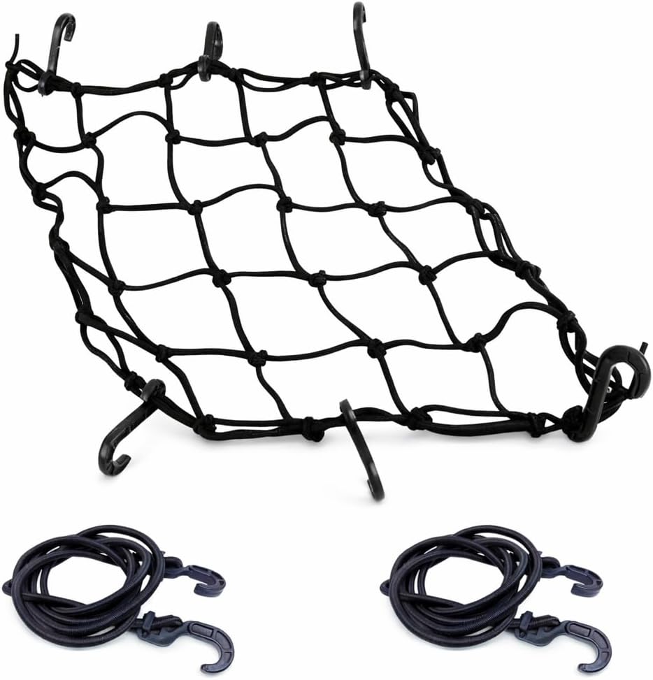 Rede Elástica para Moto 35x35cm com 2 Elásticos 1,5m, Ganchos Resistentes, Kit Completo para Transporte Seguro