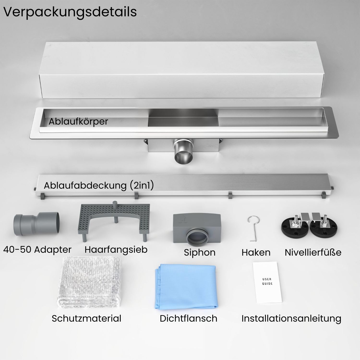 Duschrinne 80 cm Befliesbar komplettset 2in1 | Ablaufrinne für Badezimmer | Premium Edelstahl SU 316 komplettset | Siphon mit Geruchsstop und Haarsieb