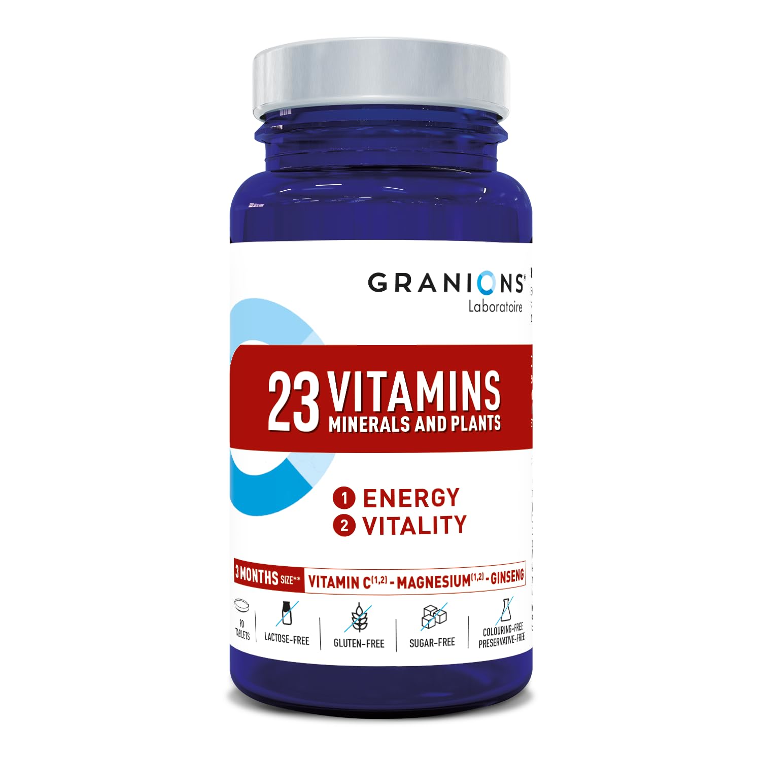 GRANIONS 23 VITAMINES, MINERAUX, PLANTES ENERGIE | 150 µg d'IODE 100% des AR | Vit A B C D3 E + oligoelements Zinc Magnesium Selenium + Ginseng | 90 comprimés | Format ECO 3 mois | Made in France