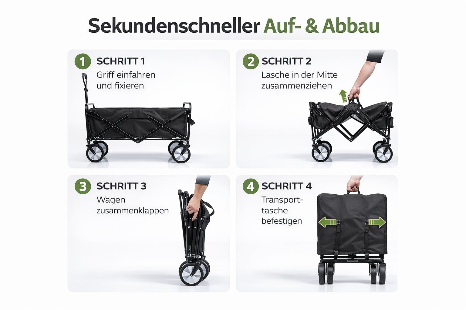 BigDean Bollerwagen faltbar 105L bis 100 kg belastbar klappbarer Handwagen | mit ausziehbarer Deichsel & Netztaschen – Bollerwagen faltbar Kinder Faltbarer Bollerwagen