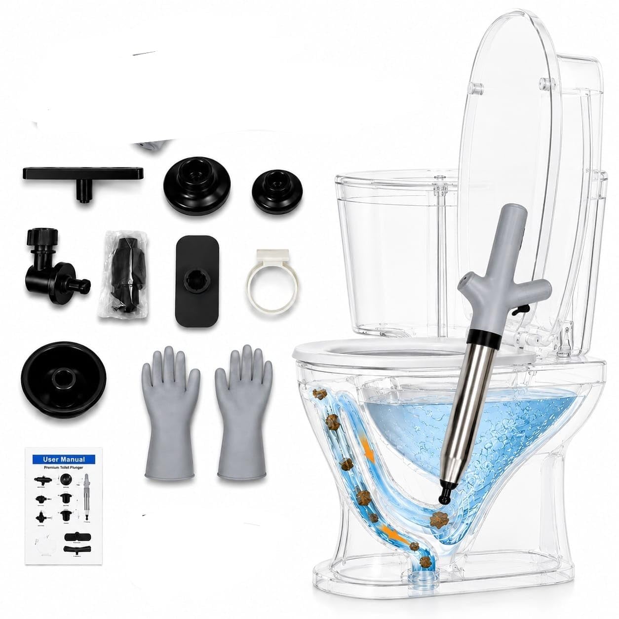 10 PCS Toilet Plunger, High Pressure Sink Unblocker, 360° Rotating Heavy Duty Plunger with Pair of Gloves, Drain unblocker pump for Sink, Bathtub, Shower & Floor,T Perfect Toilet Unblocker Tools