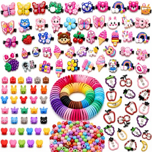 Image of Plutify (190) Pcs Rakshabandhan gift for sister kids Baby Girl Hair Accessories Combo for Kids & Toddlers - 120 Soft Elastic Hair Bands, 10 Cartoon Clips, 20 Mini Claw Clips, 30 Hair Beads ties & 10 Fruit Tic Tac Clips | Cute Multicolor Hair Accessories Set for Girls | (0-5 Years) (Rainbow, Fruity)