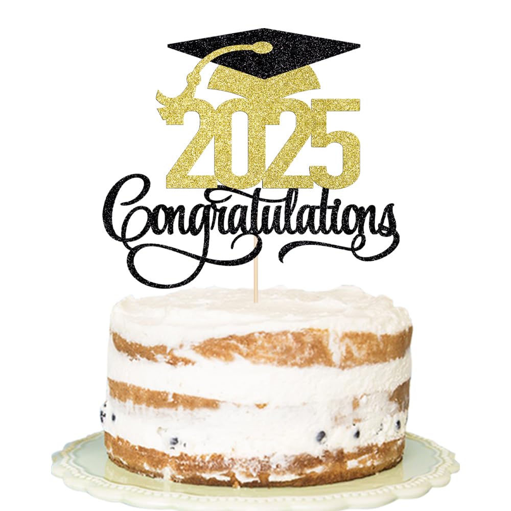 Black Gold Glitter 2025 Congratulations Graduation Cake Topper,Congrats Grad Cake Decor - 2025 High School/College/Senior Graduation Party Decorations Supplies