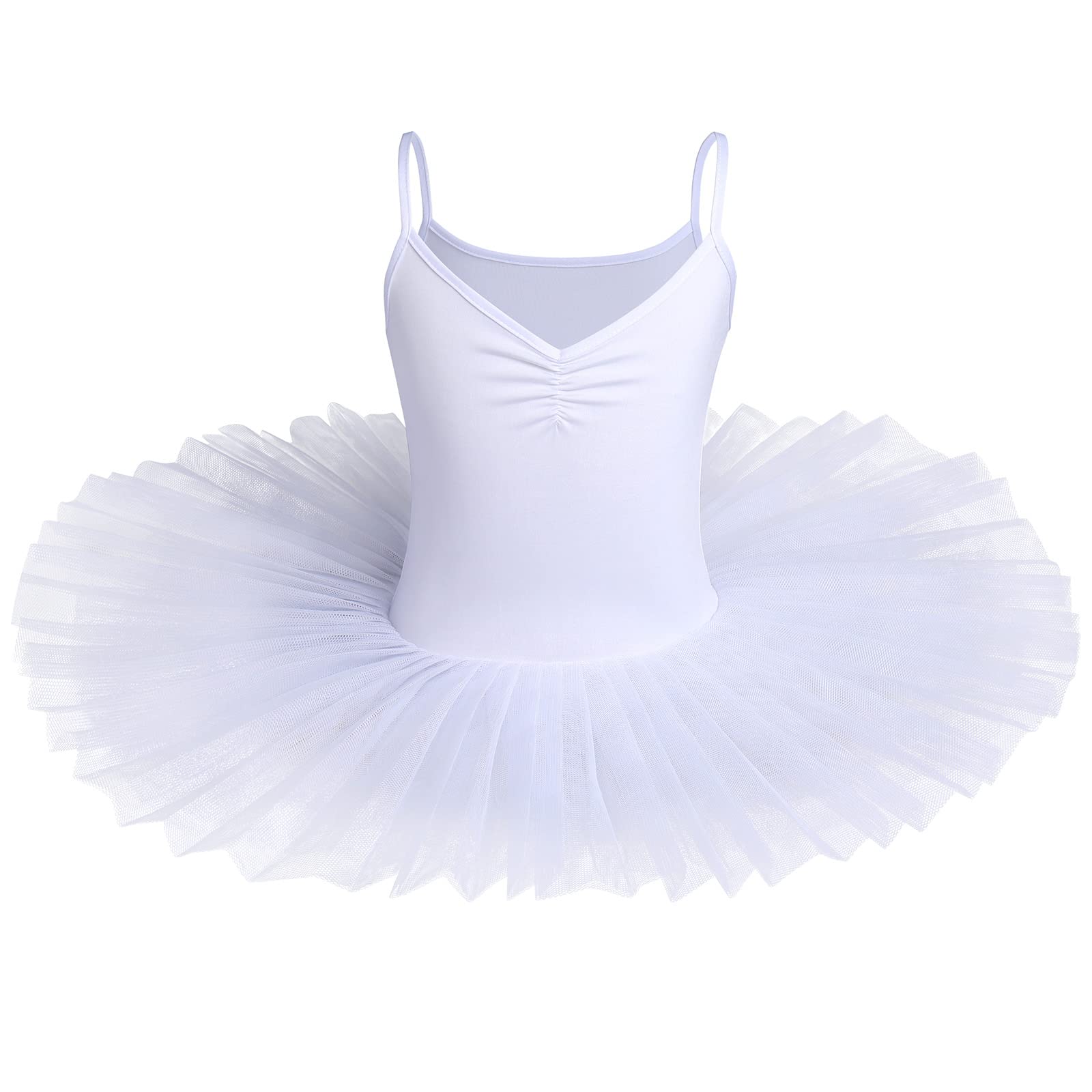 Toddler Girls Ballet Dance Dress Leotard Camisole Sleeveless Skirted Ballerina Tank Kid Gymnastic Spaghetti Shoulder Straps V-Neck Dancewear Tulle Costume Performance Dresses White 11-12 Years