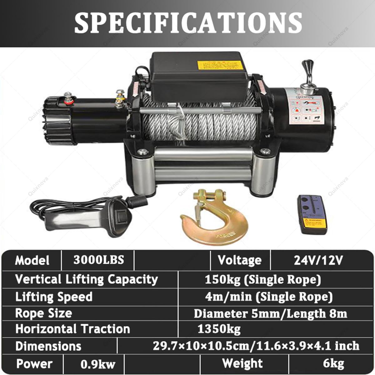 Elektrische Seilwinde 12V/24V für SUV, ATV, UTV und LKW (3000/3500/4000/4500/6000 lbs) mit Stahlseil, inklusive Funk-/Handfernbedienung und Seilrollenführung 3000LBS